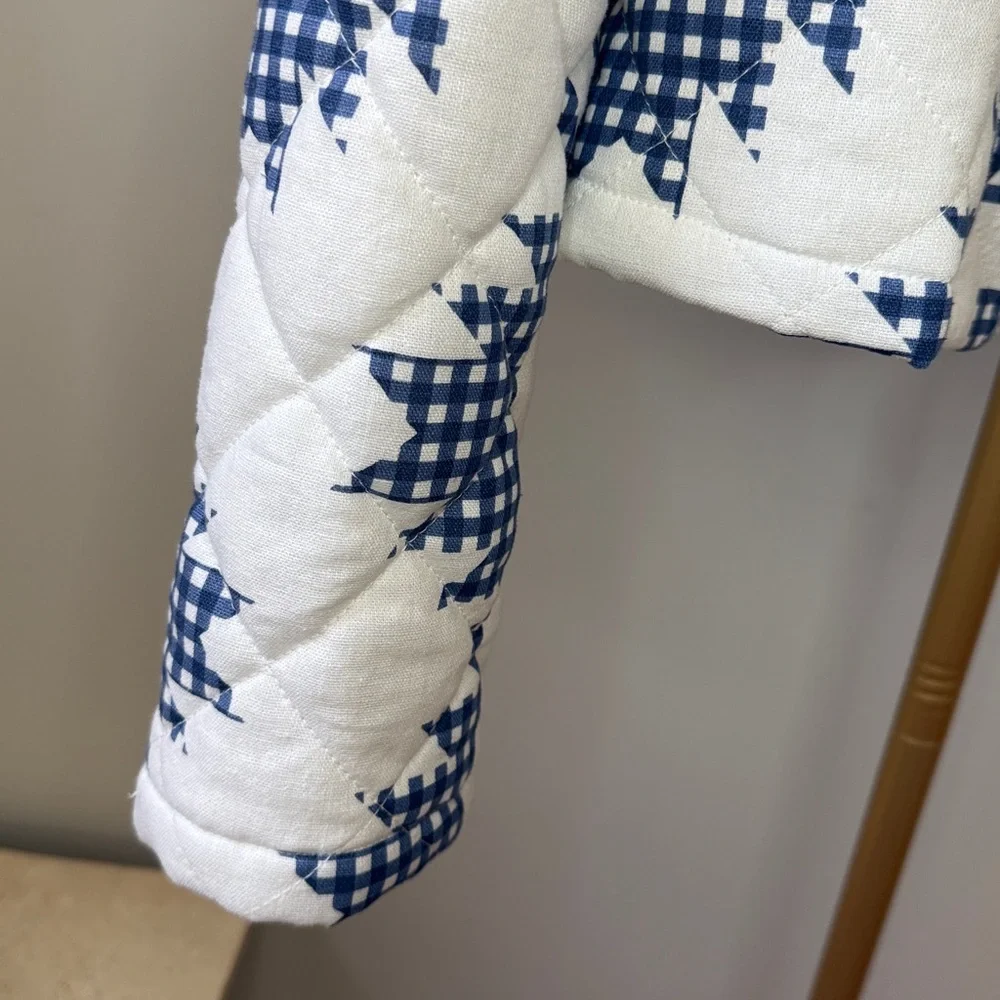 NWT CAROLINE CONSTAS White/Blue Quilted Jacket Linen Blend Puffy Shoulder $395 - Picture 3 of 8